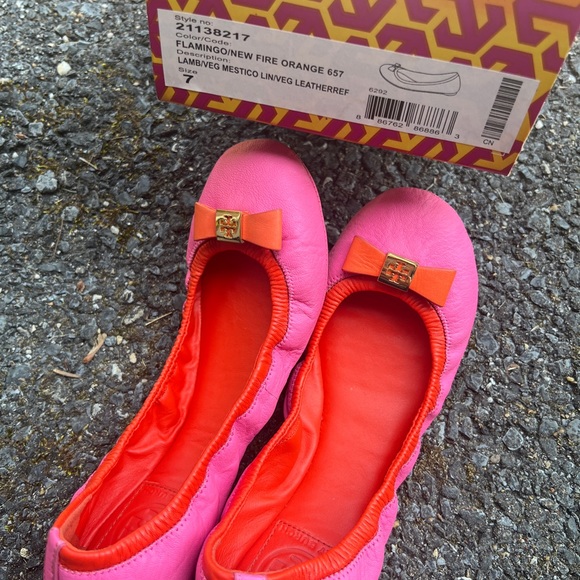 Tory Burch eddie bow women’s pink orange leather ballet flats w/ box size 7 - Picture 8 of 8